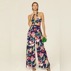 PatBO Laelia Cut-Out Jumpsuit Wide Leg Floral Blue Print Tropical Womens Size 10